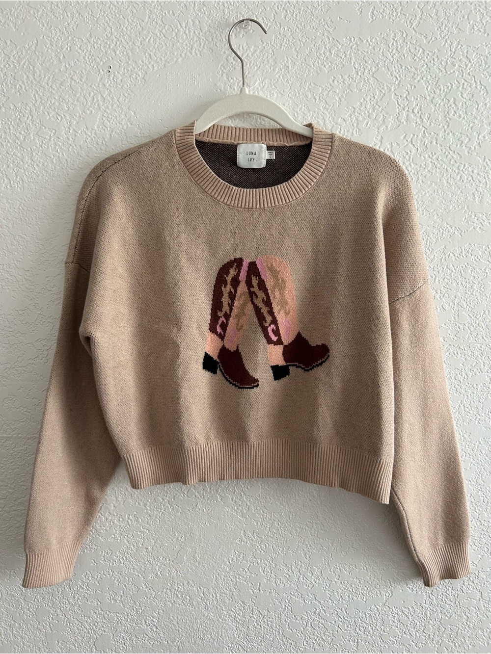 Luna Ivy Western Cottagecore Cowboy Boots Print Beige Cream Sweater